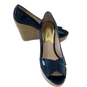 Michael Kors Dark Navy Blue Patent Rope Wedge Heels Size 9